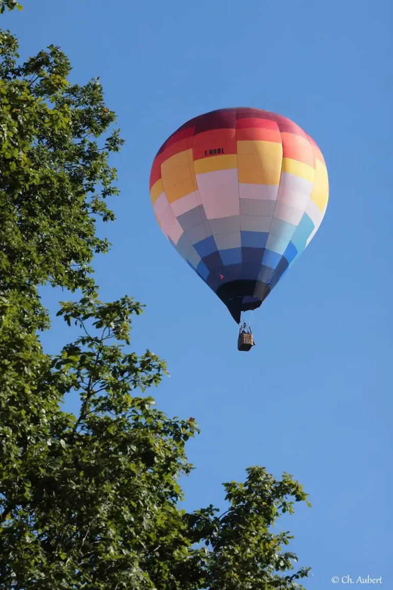 Montgolfière colorée de L'Air du Perche flottant dans un ciel bleu dégagé, entourée de feuillage.